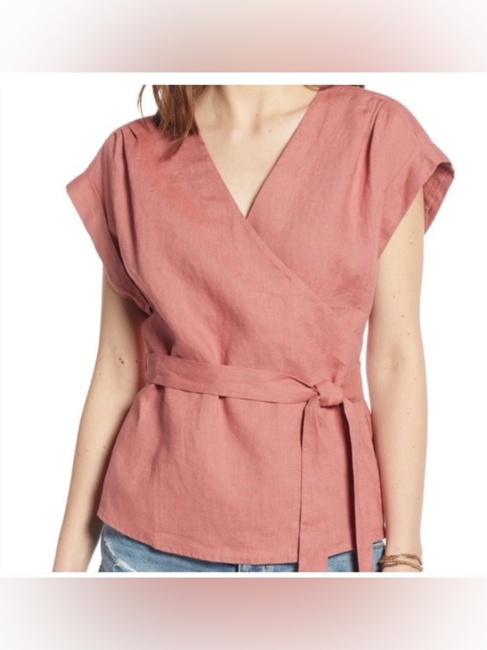 Treasure and Bond Pink Coral Linen Wrap Top Cap sleeves 100 Linen Coastal Boho S